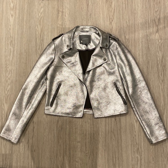 Anthropologie | Brisa Faux Leather Silver Moto Cropped Jacket | Size Small - Picture 1 of 8